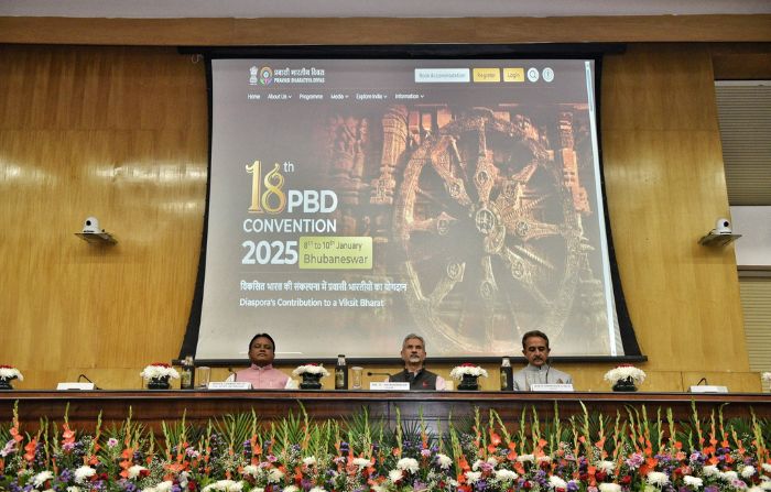 Indian External Affairs Minister Subrahmanyam Jaishankar with his deputy Kirti Vardhan Singh and the chief minister of Odisha at the launch of the official website of the the 18th Pravasi Bharatiya Divas in Bhubaneswar in Odisha on Tuesday, November 12, 2024.